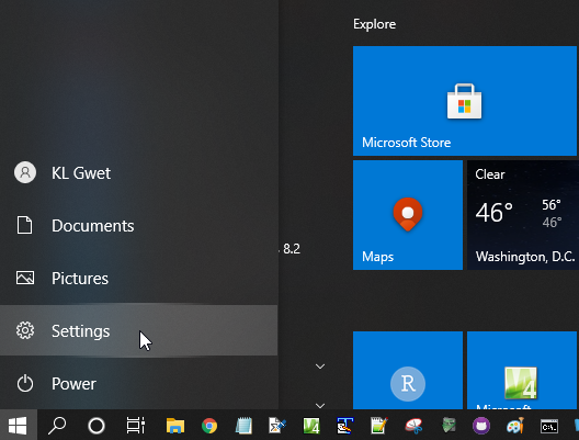 Windows Start menu with Settings highlighted