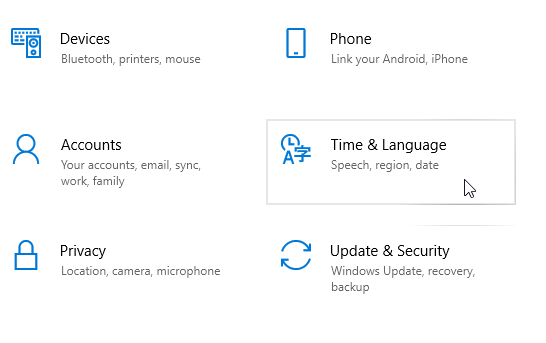 Windows Settings with Time and Language highlighted