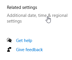 Region settings page with Related settings highlighted