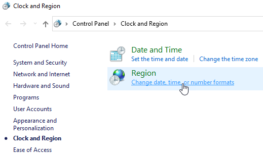 Control Panel Region page with Change date, time, or number formats highlighted