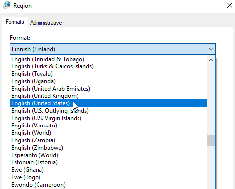 Region format dropdown set to English (United States)